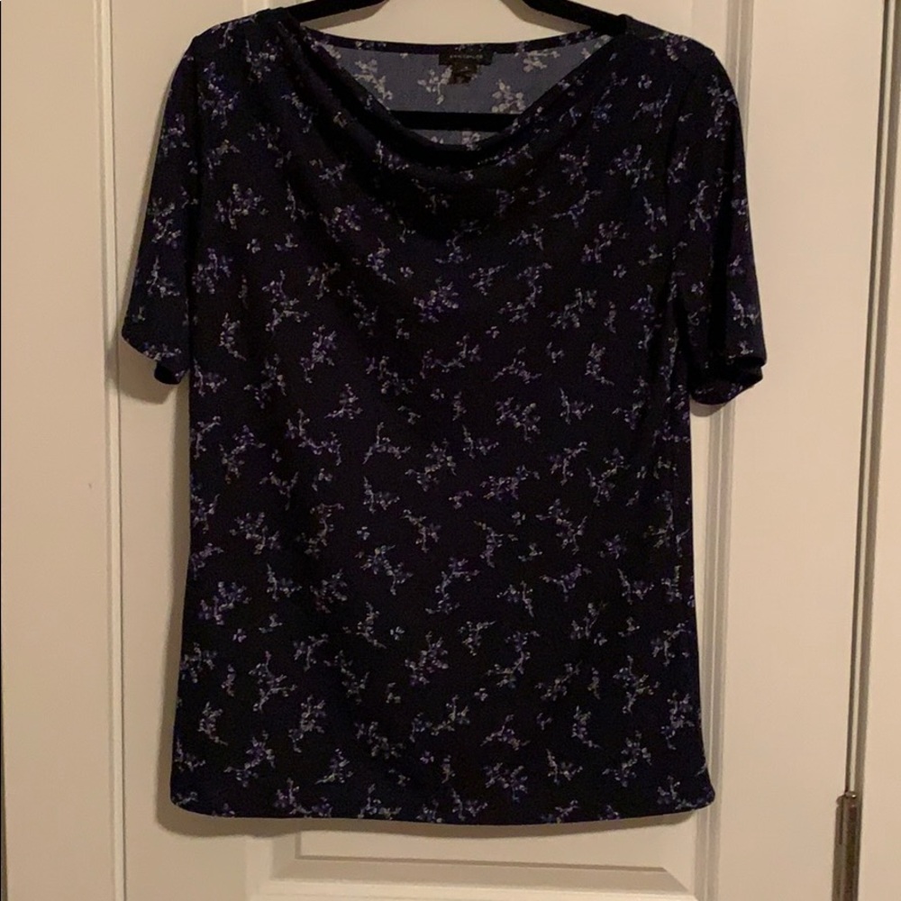 Ann Taylor Navy Blue Floral Cowl Neck Top